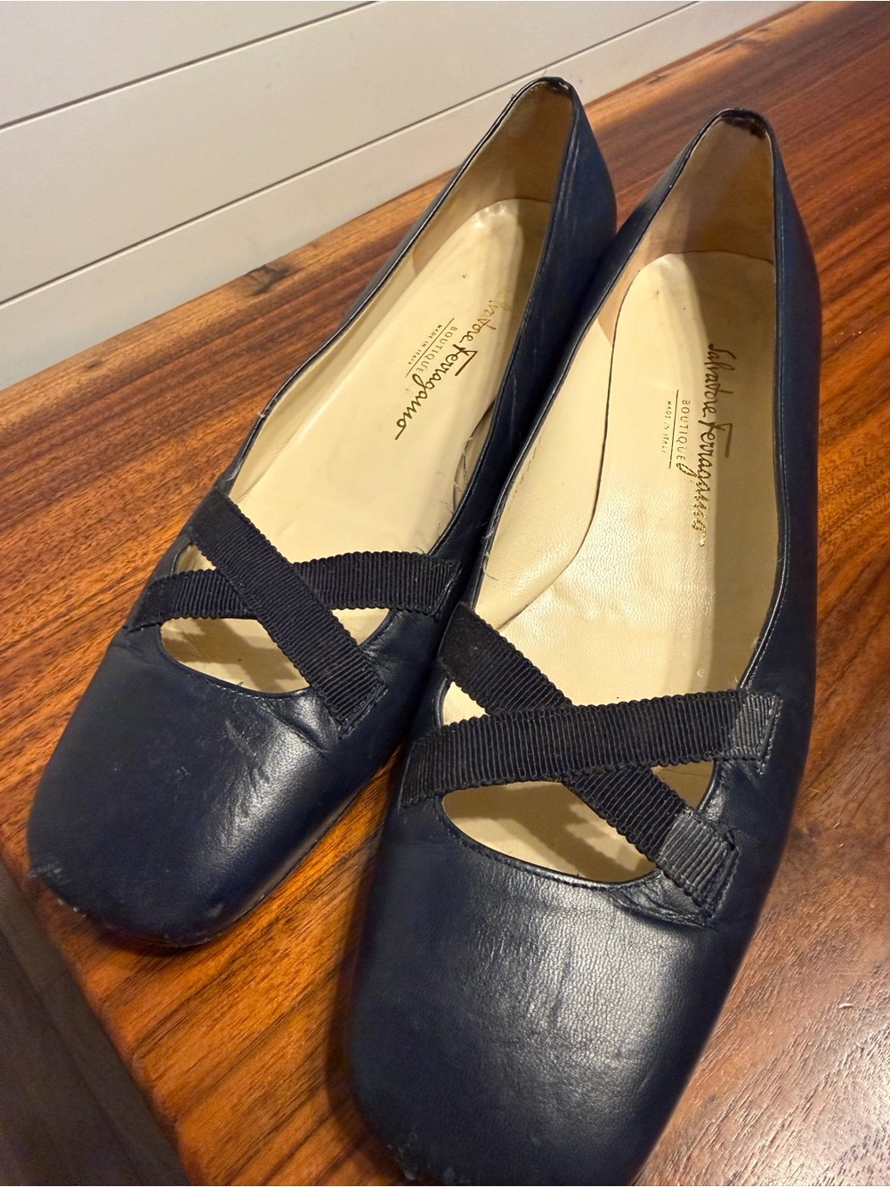 Salvatore Ferragamo Navy Leather Ballet Low Heel with Crisscross Straps - Picture 7 of 14